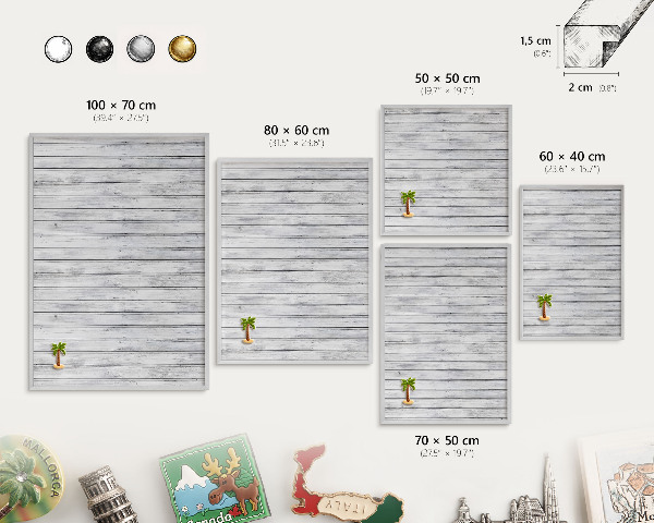 Souvenir magnet display board with a silver frame Light wood