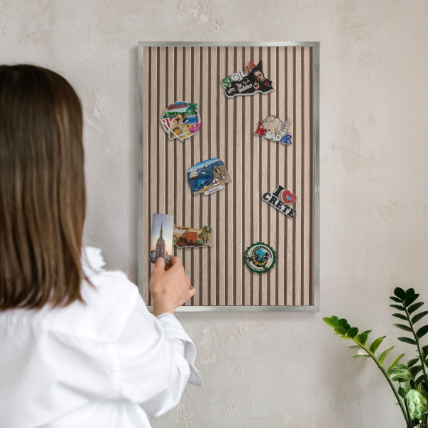 Souvenir magnet display board with a silver frame Calm structure