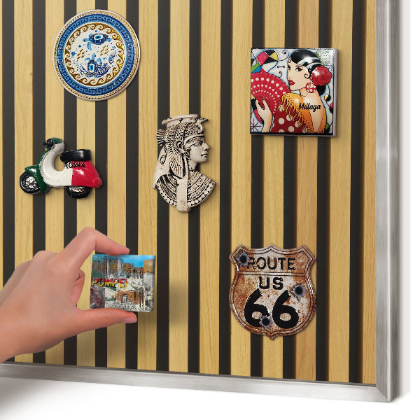 Souvenir magnet display board with a silver frame Wooden rhythms