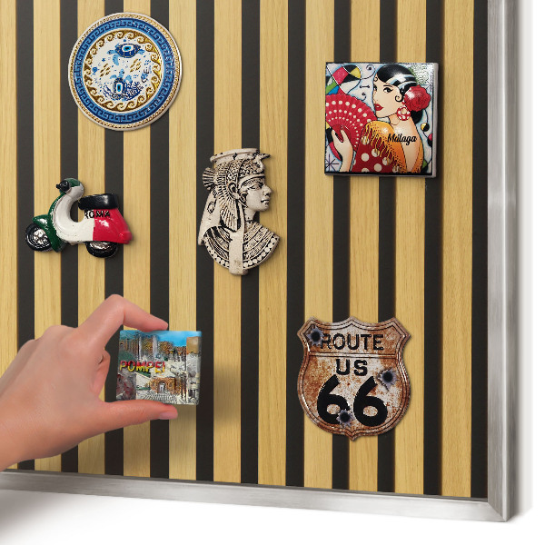 Souvenir magnet display board with a silver frame Wooden rhythms