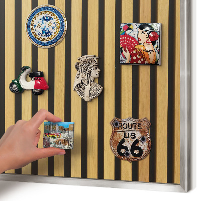 Souvenir magnet display board with a silver frame Wooden rhythms