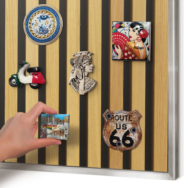 Souvenir magnet display board with a silver frame Wooden rhythms