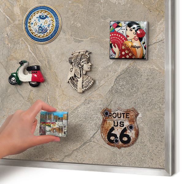 Souvenir magnet display board with a silver frame Beige stone