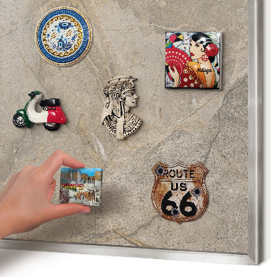 Souvenir magnet display board with a silver frame Beige stone