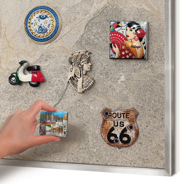 Souvenir magnet display board with a silver frame Beige stone