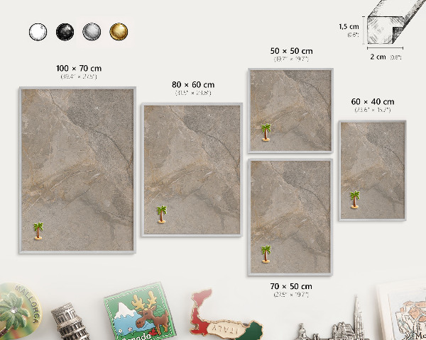 Souvenir magnet display board with a silver frame Beige stone