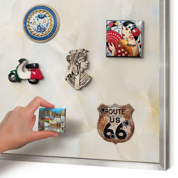 Souvenir magnet display board with a silver frame Subtle elegance
