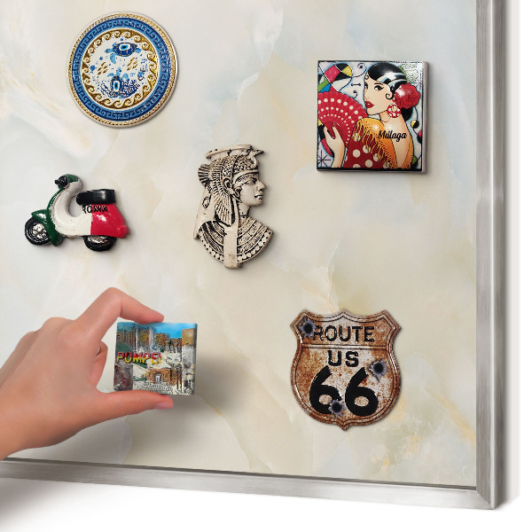 Souvenir magnet display board with a silver frame Subtle elegance