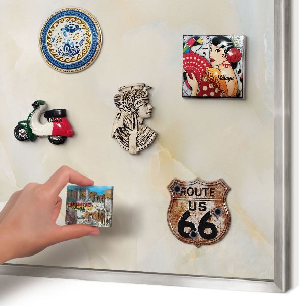 Souvenir magnet display board with a silver frame Subtle elegance