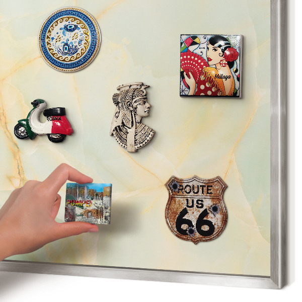 Souvenir magnet display board with a silver frame Marble elegance