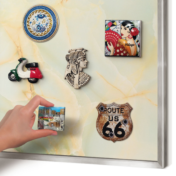 Souvenir magnet display board with a silver frame Marble elegance