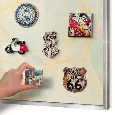 Souvenir magnet display board with a silver frame Marble elegance