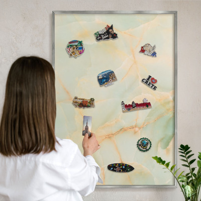 Souvenir magnet display board with a silver frame Marble elegance