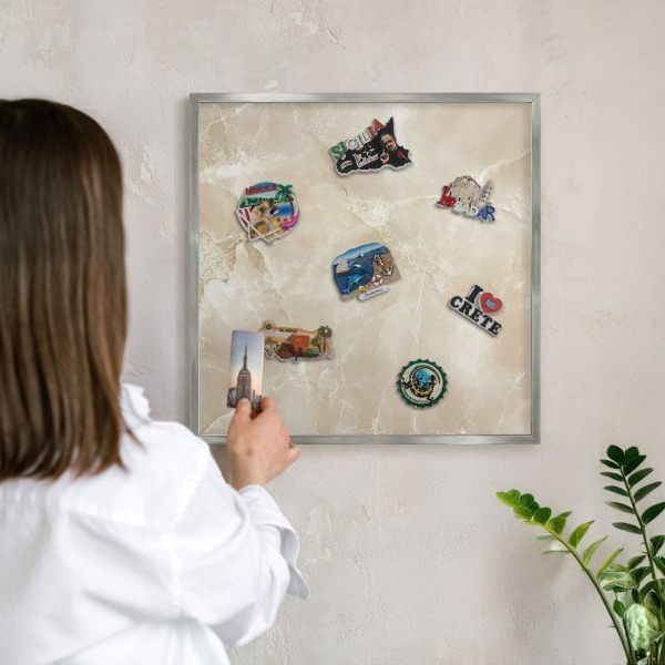 Souvenir magnet display board with a silver frame Marble pattern