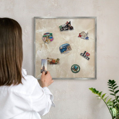 Souvenir magnet display board with a silver frame Marble pattern