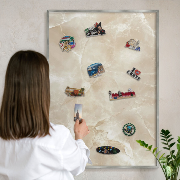 Souvenir magnet display board with a silver frame Marble pattern