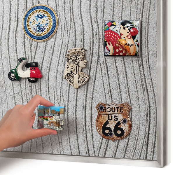 Souvenir magnet display board with a silver frame Gray waves