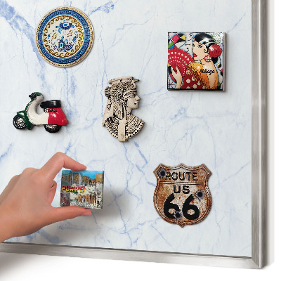 Souvenir magnet display board with a silver frame Marble design