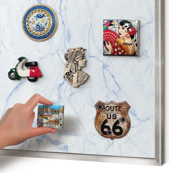 Souvenir magnet display board with a silver frame Marble design