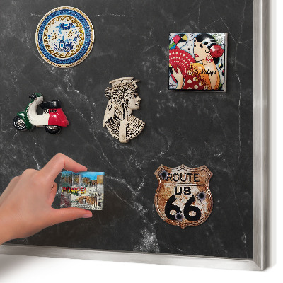 Souvenir magnet display board with a silver frame Black marble