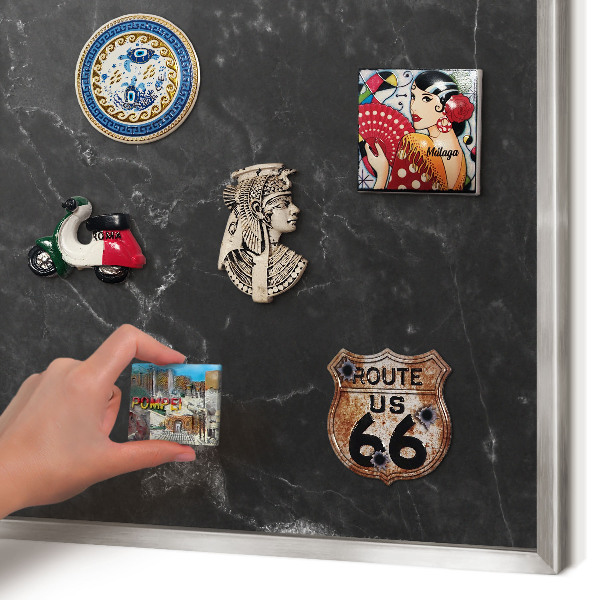 Souvenir magnet display board with a silver frame Black marble