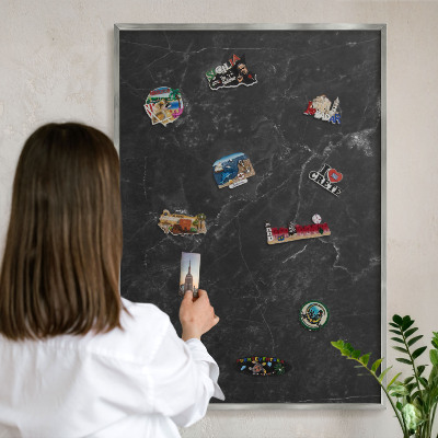 Souvenir magnet display board with a silver frame Black marble