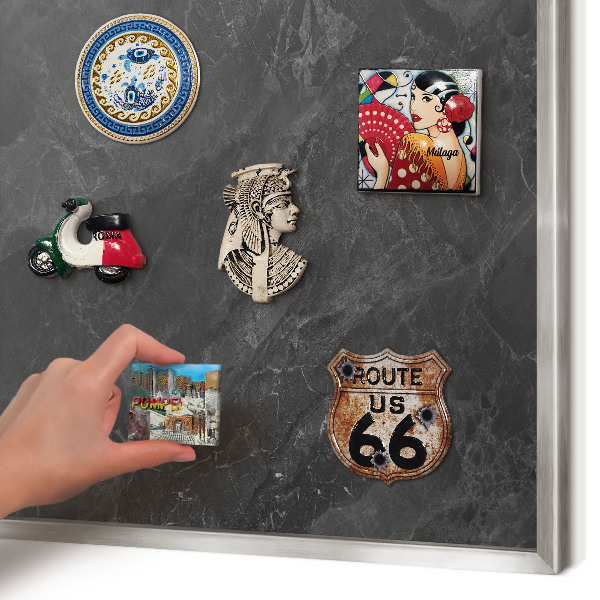 Souvenir magnet display board with a silver frame Gray elegance