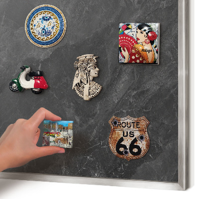 Souvenir magnet display board with a silver frame Gray elegance