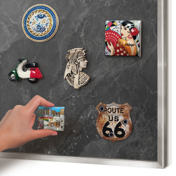 Souvenir magnet display board with a silver frame Gray elegance
