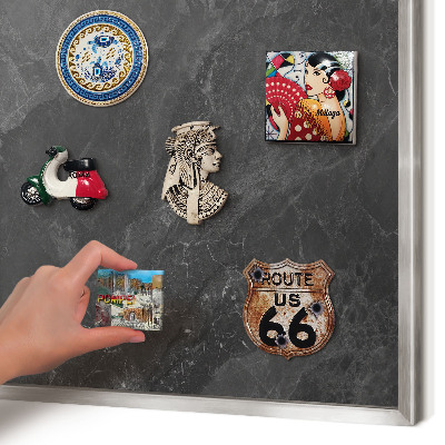 Souvenir magnet display board with a silver frame Gray elegance
