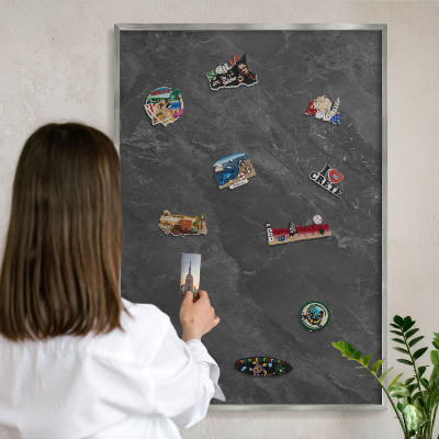 Souvenir magnet display board with a silver frame Gray elegance