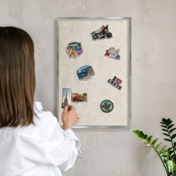 Souvenir magnet display board with a silver frame Creamy elegance