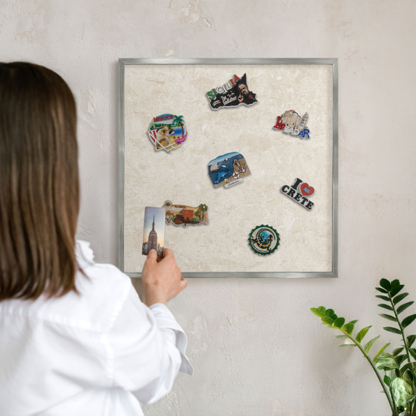 Souvenir magnet display board with a silver frame Creamy elegance
