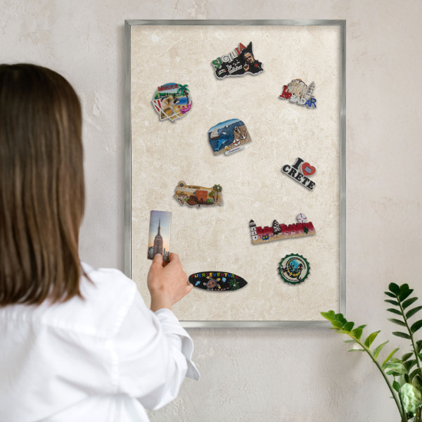 Souvenir magnet display board with a silver frame Creamy elegance