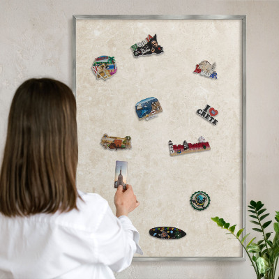 Souvenir magnet display board with a silver frame Creamy elegance