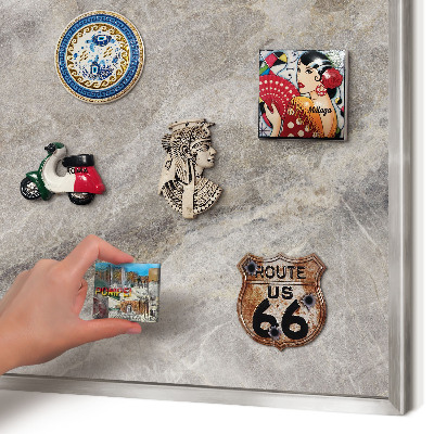 Souvenir magnet display board with a silver frame Stone texture