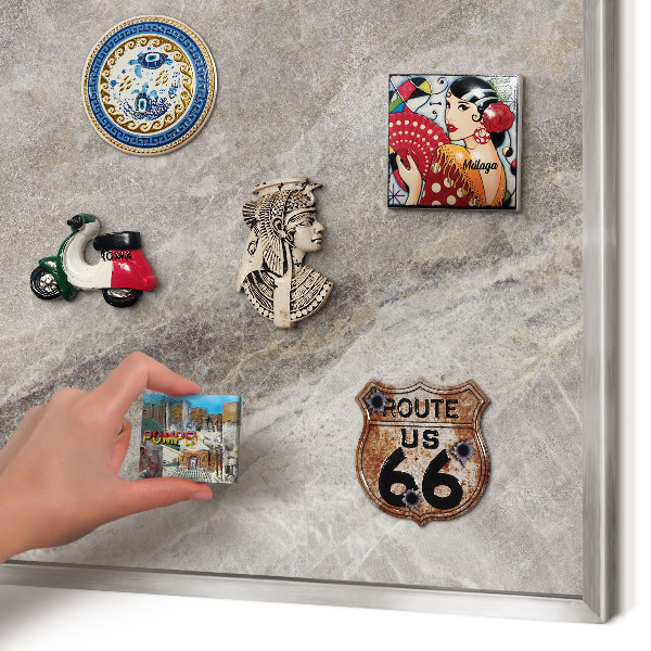 Souvenir magnet display board with a silver frame Stone texture