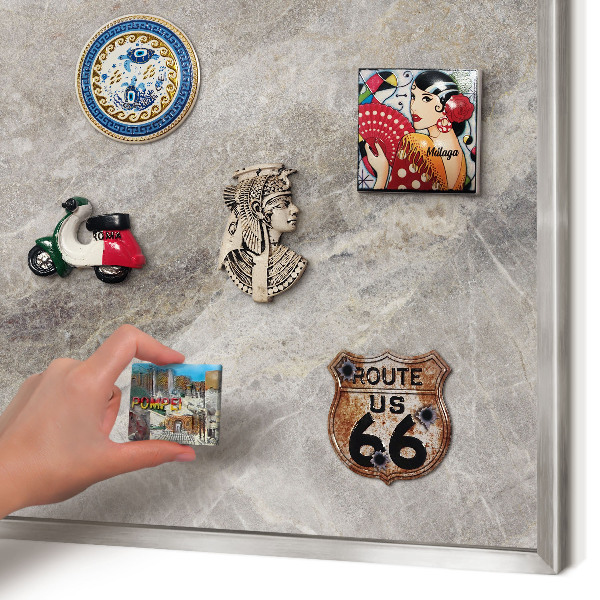 Souvenir magnet display board with a silver frame Stone texture