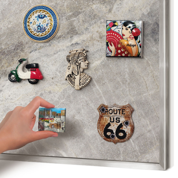 Souvenir magnet display board with a silver frame Stone texture