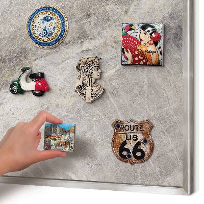 Souvenir magnet display board with a silver frame Stone texture