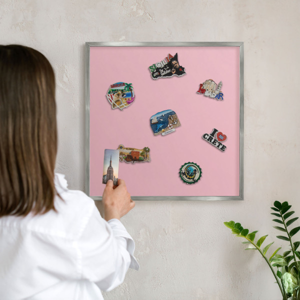 Souvenir magnet display board with a silver frame Light pink