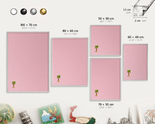 Souvenir magnet display board with a silver frame Light pink