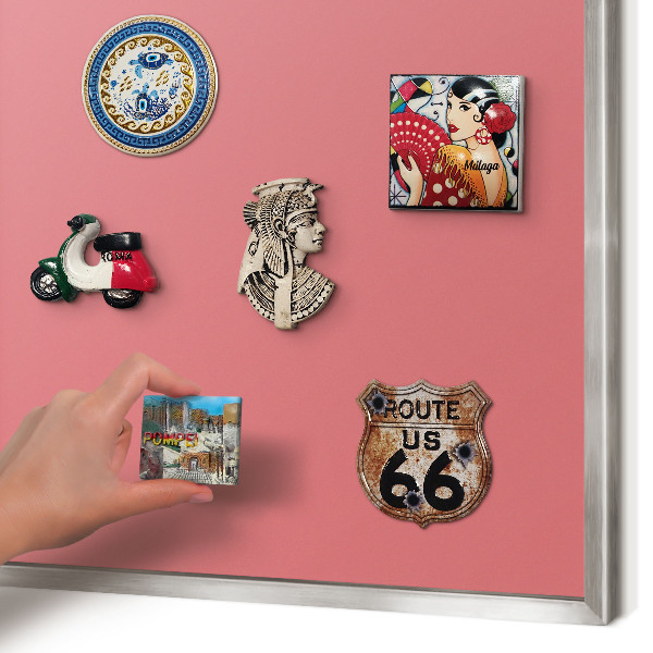 Souvenir magnet display board with a silver frame Salmon color