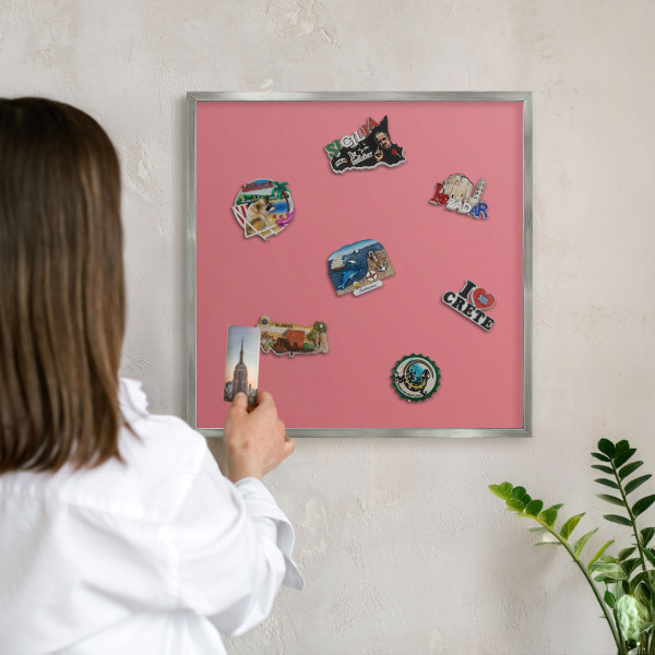 Souvenir magnet display board with a silver frame Salmon color