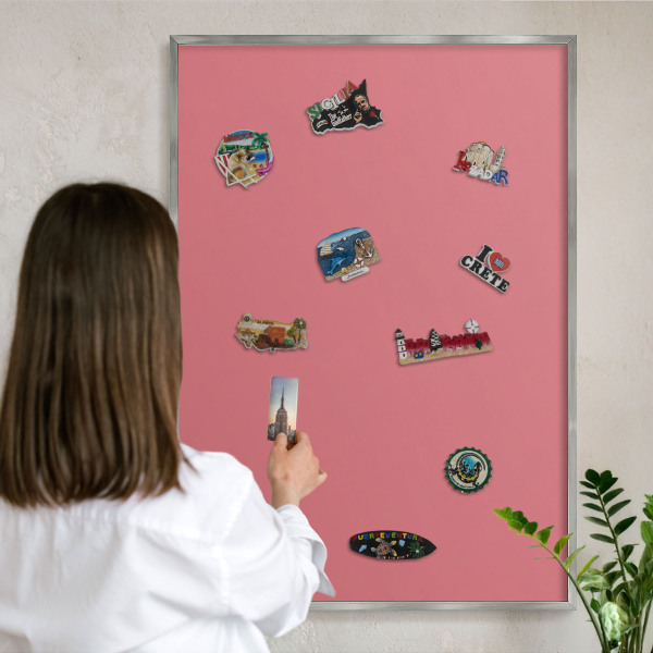 Souvenir magnet display board with a silver frame Salmon color