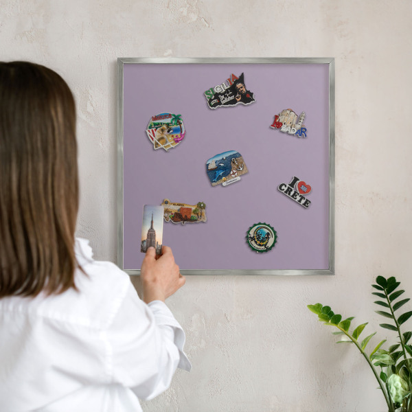 Souvenir magnet display board with a silver frame Lilac purple