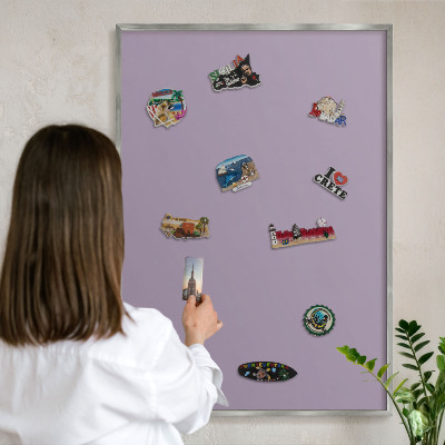 Souvenir magnet display board with a silver frame Lilac purple
