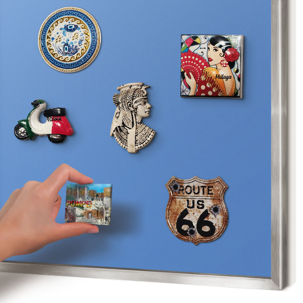 Souvenir magnet display board with a silver frame Blue color
