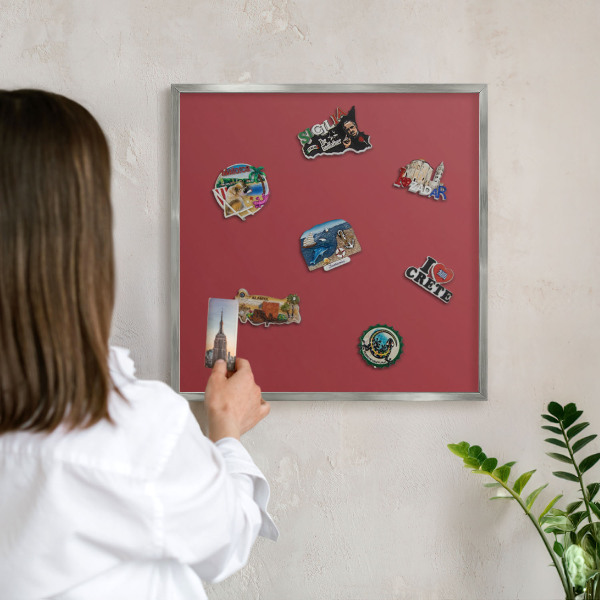 Souvenir magnet display board with a silver frame Burgundy color