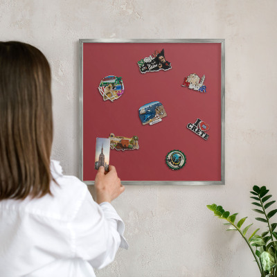 Souvenir magnet display board with a silver frame Burgundy color